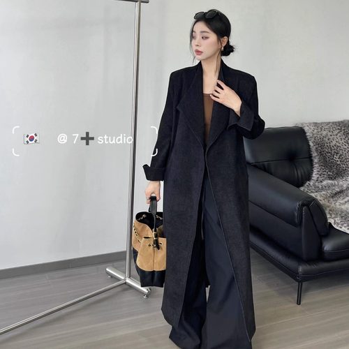 高级感复古翻领雪尼尔长款过膝大衣女2025秋冬季收腰气质夹棉外套 - 图1