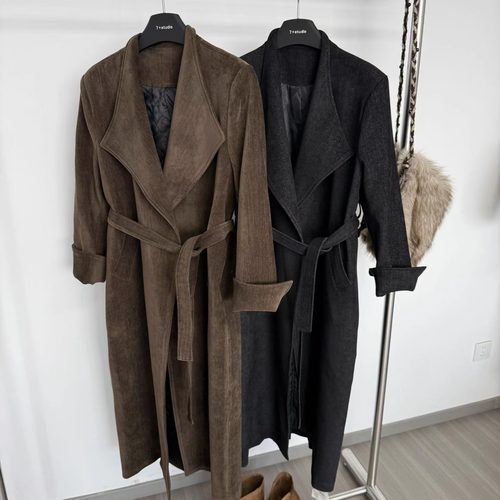 高级感复古翻领雪尼尔长款过膝大衣女2025秋冬季收腰气质夹棉外套 - 图3