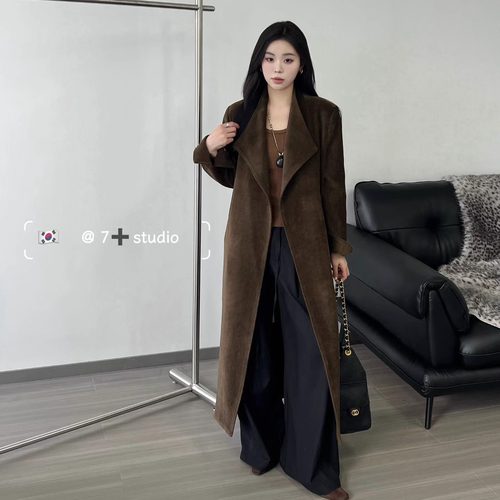高级感复古翻领雪尼尔长款过膝大衣女2025秋冬季收腰气质夹棉外套 - 图0