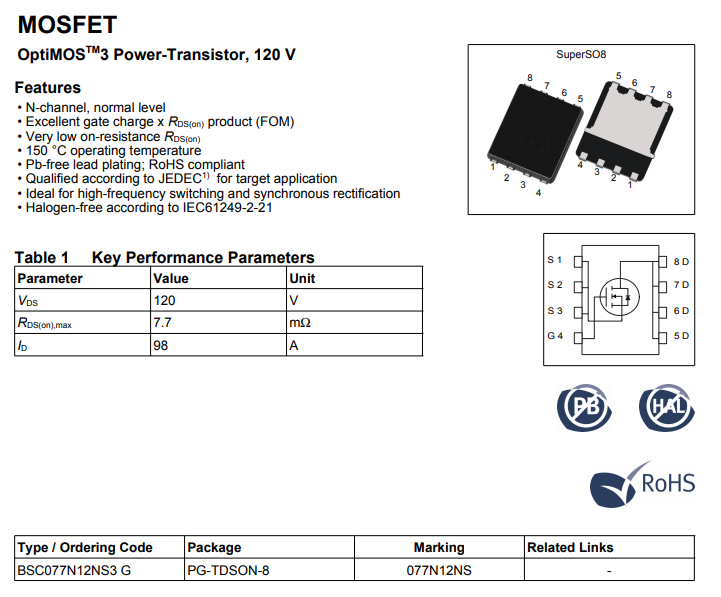 BSC077N12NS3 077N12NS QFN贴片 MOS管98A120V进口原字码测好-图1