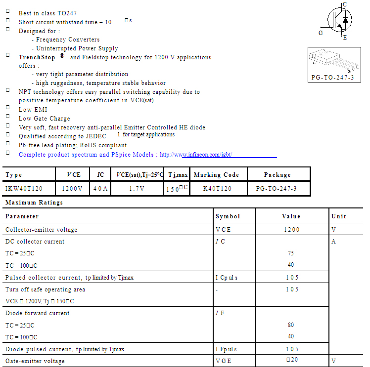 原装进口拆机 K40T120 K40T1202变频器IGBT功率管 40A 1200V-图0