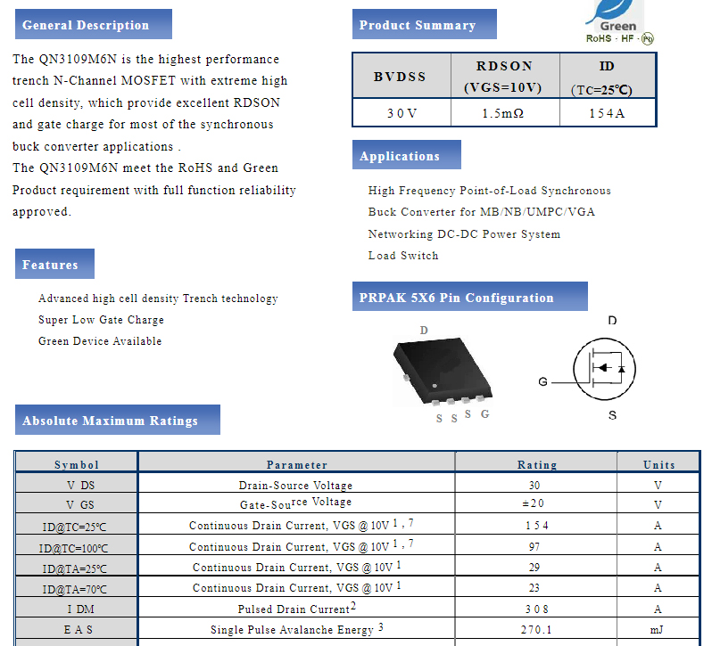 原字 QN3109M6 QN3109 场效应MOS管大电流底内阻154A30V DFN5*6 - 图1