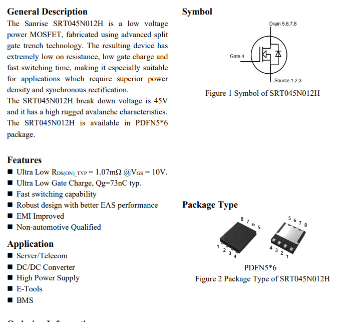 原字原码 SRT045N012HD56TR-G PDFN5*6 SRT045N012H N沟道45V1.07-图1