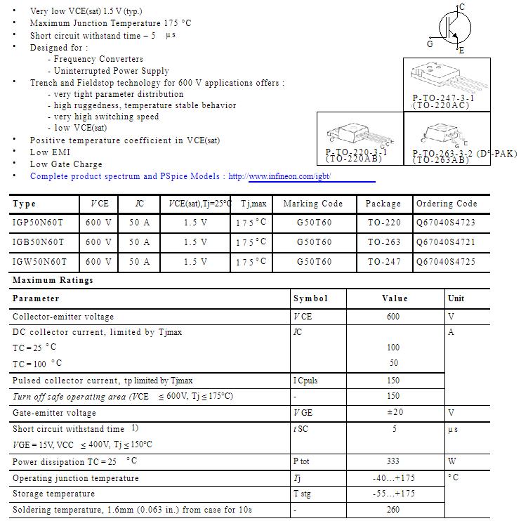 原装进口拆机原字G50T60 IGW50N60T TO-247 IGBT功率管 50A600V - 图0