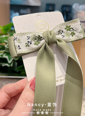 小清新军绿色刺绣碎花蝴蝶结飘带女童发饰头饰发卡配饰女孩儿童