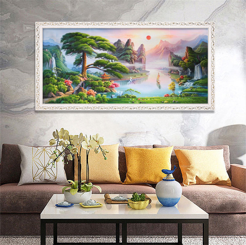 聚宝盆手绘山水风景油画客厅别墅风水玄关装饰画有框迎客松挂画_虎窝淘