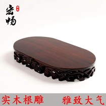 Solid wood root carved stone base Taishan stone can dig groove Buddha flower potted vase swing piece oval bay
