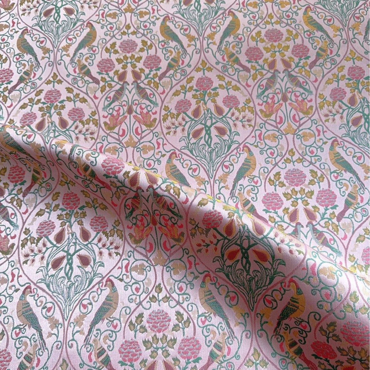 粉金田园风鸟语花香仿宋锦提花面料 新中式马甲旗袍上衣箱包抱枕 - 图0