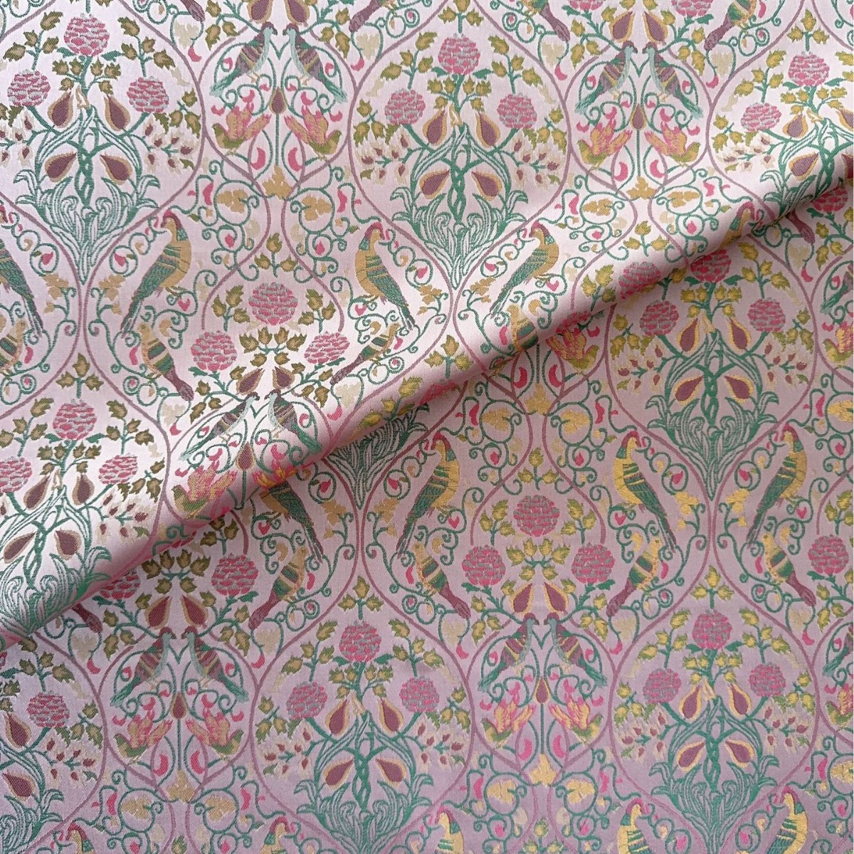 粉金田园风鸟语花香仿宋锦提花面料 新中式马甲旗袍上衣箱包抱枕 - 图2