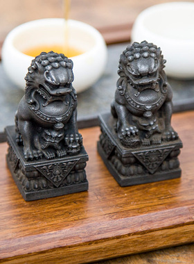 中式迷你国风铁锈石狮子创意桌面小摆件装饰造景摆设树脂茶宠一对