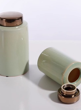现代简约装饰罐室内家居用品 冰裂纹白青色陶瓷储物罐 直身圆盖罐