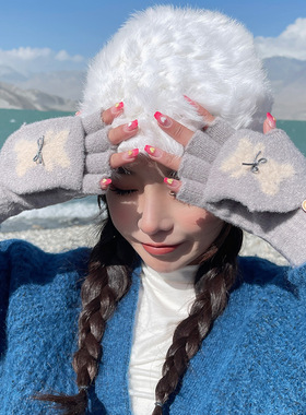 探野者冬天保暖针织手套女骑车加厚防寒触屏可爱毛绒半指手套127