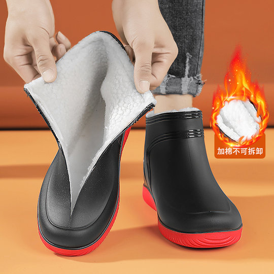 Rain boots for men in winter, fur integrated plus velvet, warm cotton shoes, mid-tube water shoes, waterproof, non-slip, wear-resistant, labor protection rubber shoes
