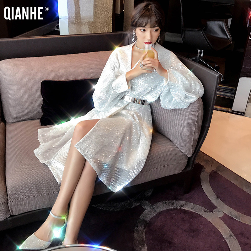 乾赫银色亮片春秋2020新款连衣裙 乾赫新德瑞娜连衣裙