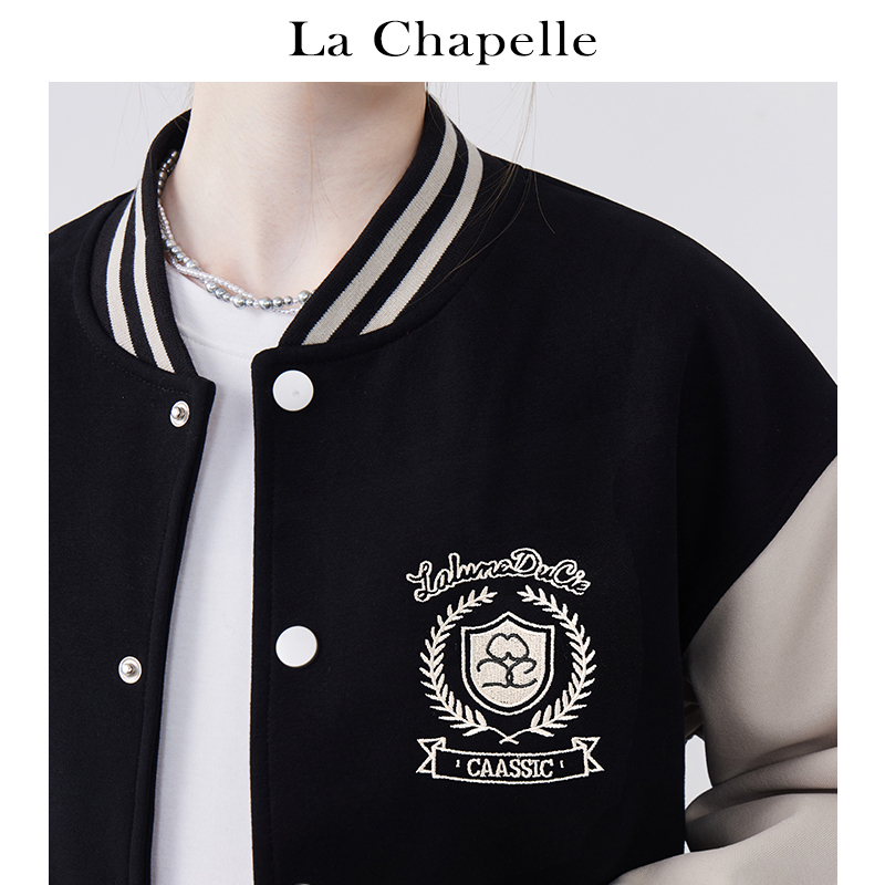 拉夏贝尔/La Chapelle学院风拼色刺绣休闲宽松棒球服外套女春季