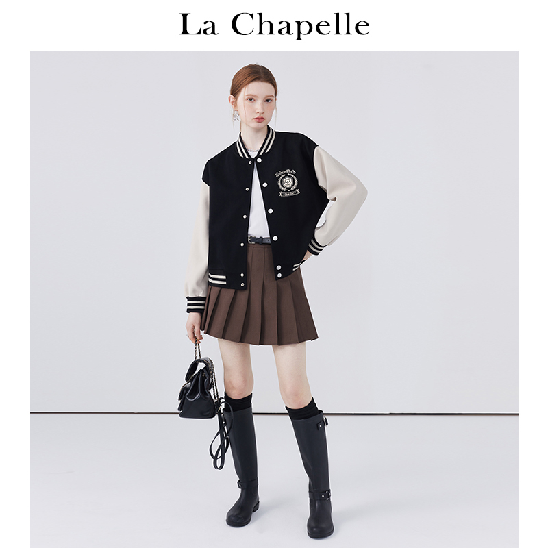 拉夏贝尔/La Chapelle学院风拼色刺绣休闲宽松棒球服外套女春季