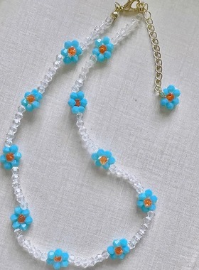 Margot手作莫兰迪水晶花项链周雨彤同款淡色系蓝色串珠锁骨链女