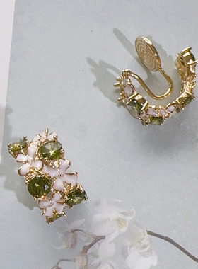 Margot手作春夏绿色花朵锆石耳钉女小众设计感耳环耳夹无耳洞耳饰