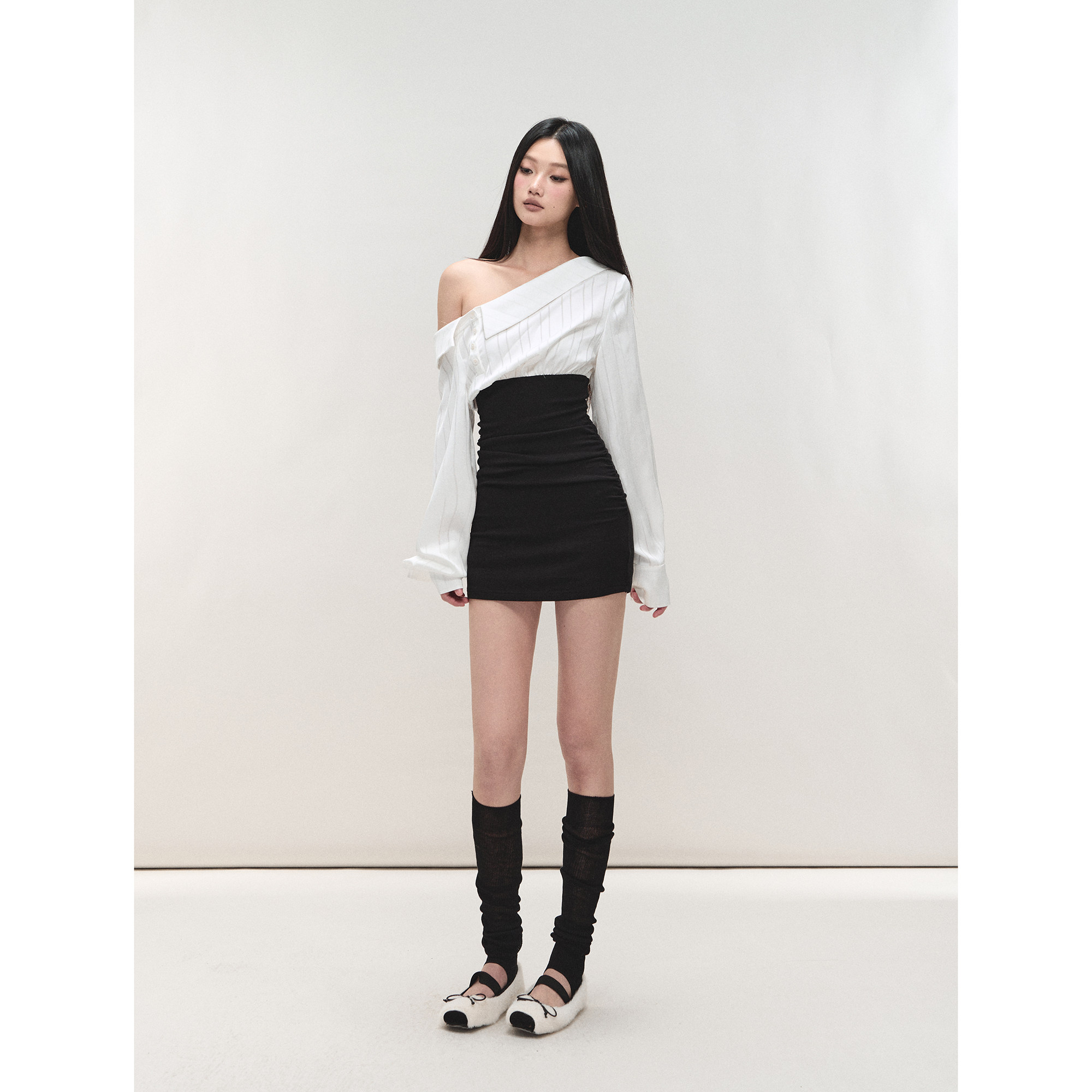 PEMPL 撞色条纹拼接斜肩衬衫裙女修身辣妹性感包臀短裙针织连衣裙,淘宝优惠券,粉丝福利购,淘宝优惠卷