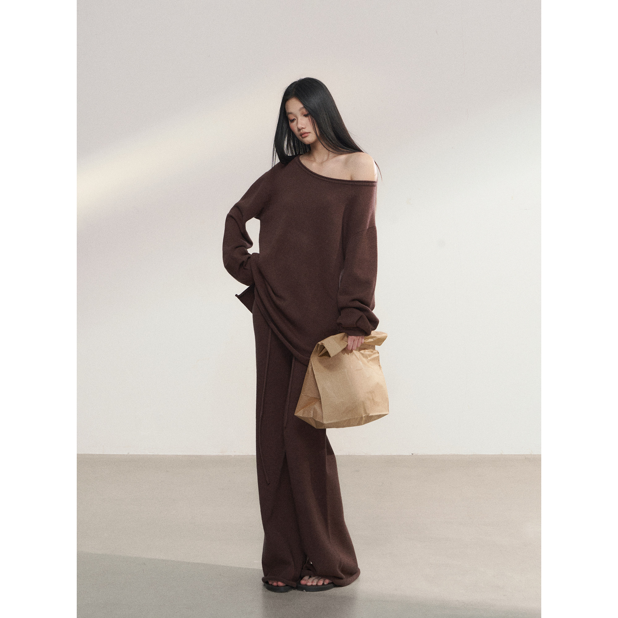 PEMPL·慵懒风休闲宽松斜肩圆领两穿针织罩衫女低腰直筒长裤套装,淘宝优惠券,粉丝福利购,淘宝优惠卷