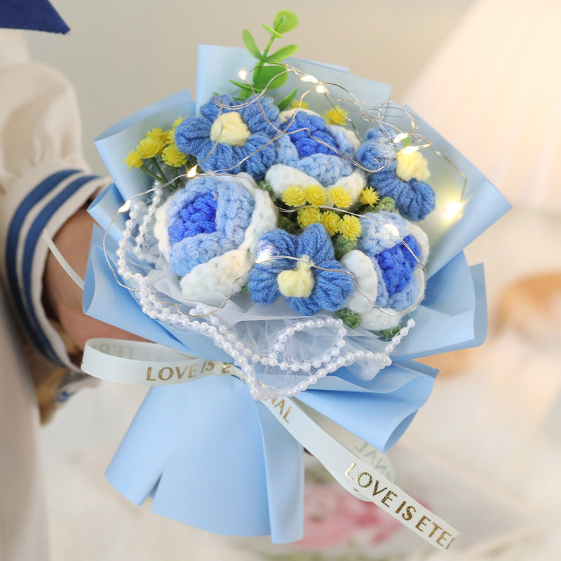 圣诞节手工针织花束成品毛线玫瑰花生日礼物七夕送男女生闺蜜同学
