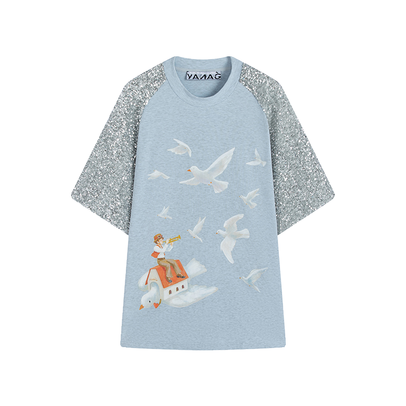YANAG设计师品牌吹号男孩鸽子拼银色珠片短袖T恤潮流上衣2024新款 - 图3