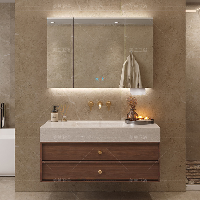 胡桃色中古风浴室柜岩板热弯一体洗手洗脸盆组合卫生间洗漱台定制,淘宝优惠券,粉丝福利购,淘宝优惠卷