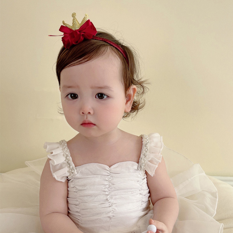 婴儿发带皇冠头饰宝宝发饰红色百天周岁生日洋气儿童小女孩头花 - 图0