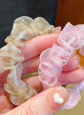 新款烫钻欧根纱小肠发圈高弹力不伤发皮筋头绳女韩版气质发饰