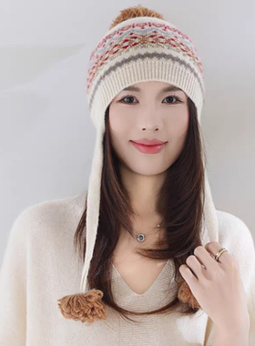 秋冬100%纯山羊绒帽子女保暖针织毛线套头护耳帽时尚提花毛球帽子