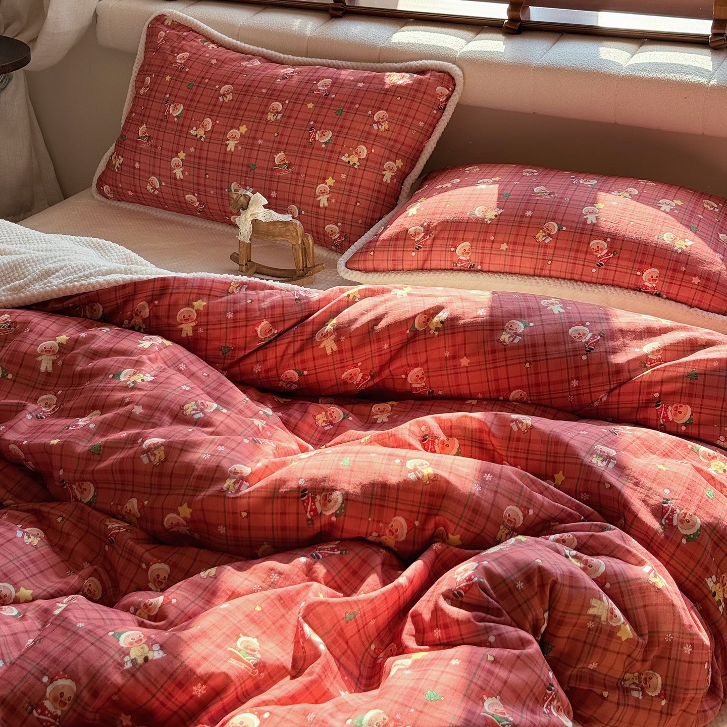韩式卡通棉加绒保暖床上四件套一面全棉双层纱一面华夫格暖绒被套 - 图0