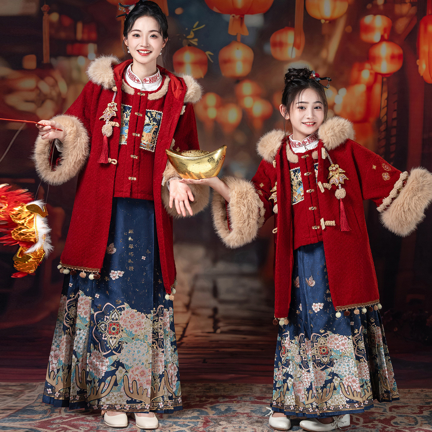 亲子装年服母女装汉服高端贵气古装织锦缎马面裙加绒唐装马甲衬衫,淘宝优惠券,粉丝福利购,淘宝优惠卷