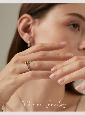THREE幸运之环 日韩金银拼色双环个性复古戒指小众设计感钛钢指环
