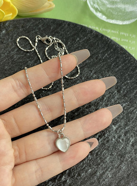 温柔猫眼石爱心吊坠项链颈链