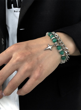 猫眼绿珠石钛钢古巴链拼接双层潮流手链潮男型男1S十字星复古手环
