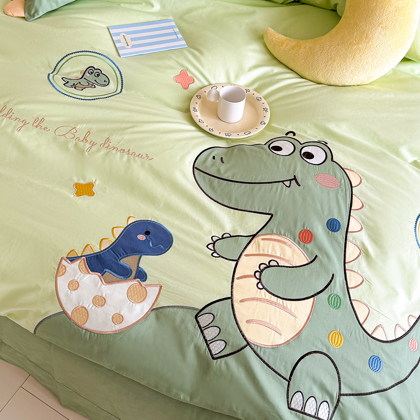 男孩儿童全棉床上用品三件套男童100纯棉卡通四件套1.5床笠恐龙绿,淘宝优惠券,粉丝福利购,淘宝优惠卷