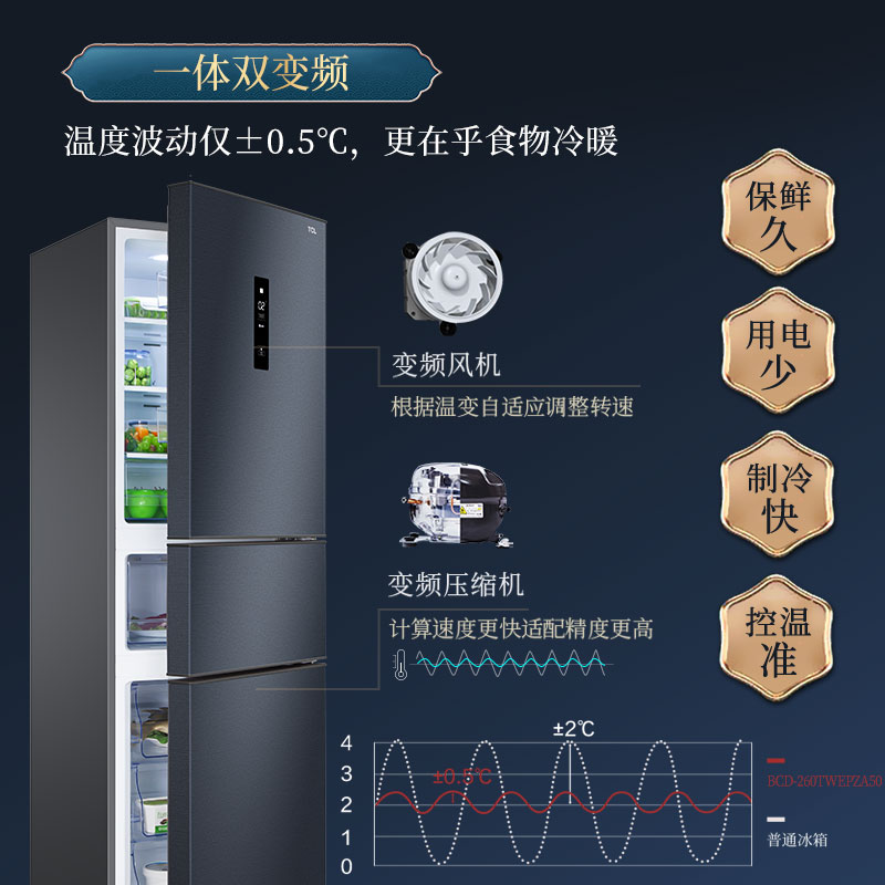 TCL260升三门风冷无霜小型家用静音节能变频冰箱一级能效官方正品 - 图0