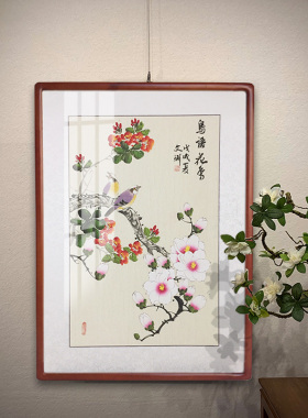 纯手绘餐厅走道有框工笔花鸟画