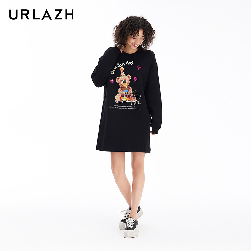 URLAZH有兰新款慵懒风简约百搭黑色宽松长袖圆领印花休闲卫衣裙,淘宝优惠券,粉丝福利购,淘宝优惠卷