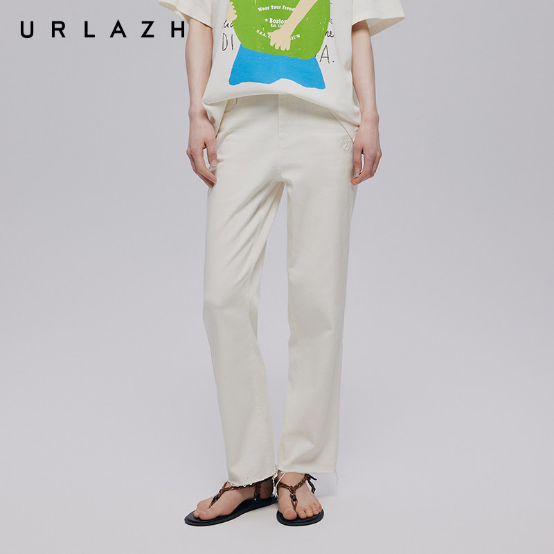 URLAZH有兰夏季新款清爽白简约时尚修身纯色百搭牛仔裤9分裤女 - 图1