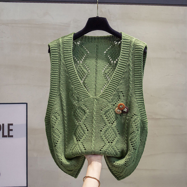 Cotton and linen v-neck knitted vest hollow sweater waistcoat