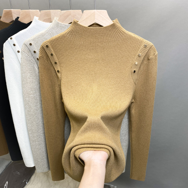 Beaded Half Turtleneck Sweater Women's Pullover Slim Fit Bottoming Shirt