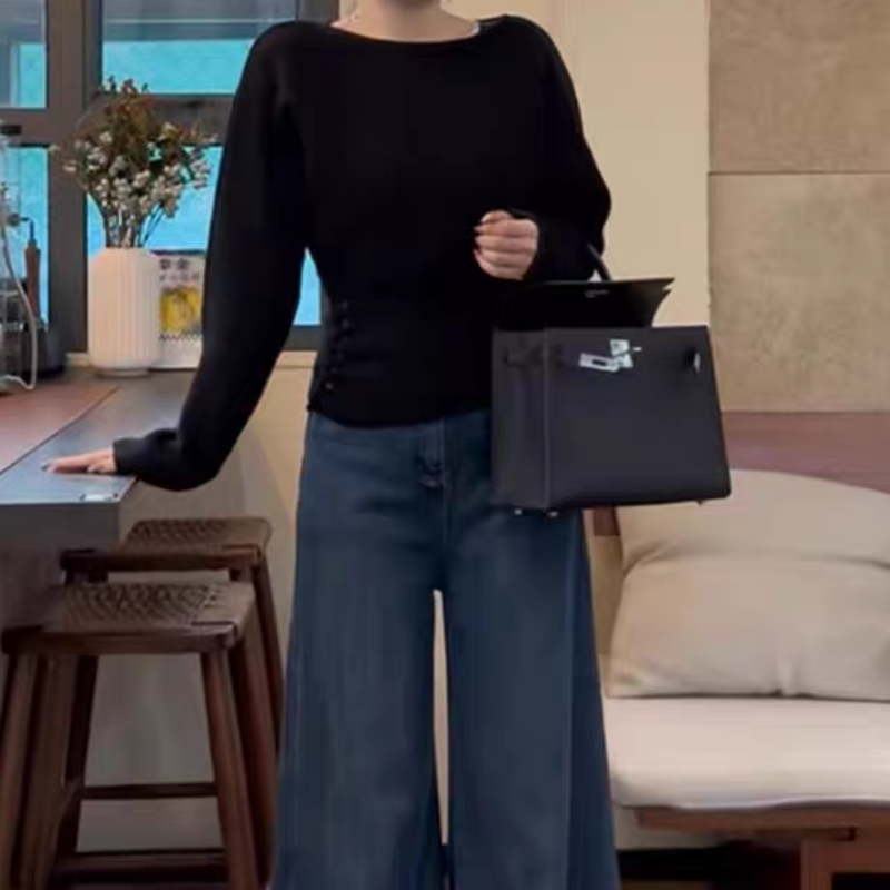 韩系掐腰一字肩毛衣针织衫女秋冬2025新款内搭设计感独特别致上衣,淘宝优惠券,粉丝福利购,淘宝优惠卷