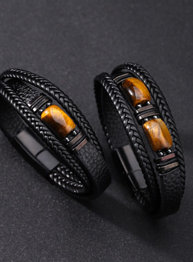 欧美热卖虎眼石手链男多层绳