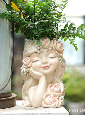 户外花园家居天使摆件仙女花盆托腮戴花环树脂工艺品