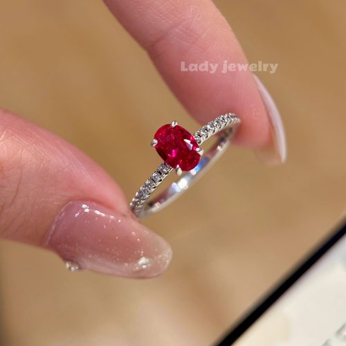 蕾迪s925银极简风鸽血红5*7尺寸0.8克拉鸽子蛋培育宝戒指 - 图0