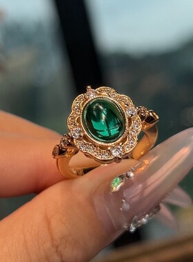 蕾迪高定意大利工艺设计宫廷复古风帝王绿蛋面戒指