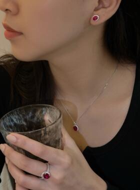 蕾迪[红色朗姆酒] s925银镀金鸽血红鸽子蛋百搭耳钉戒指项链套装