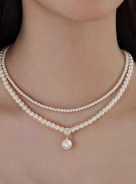设计高级感双层叠戴珍珠项链女