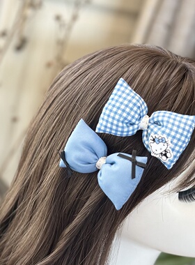 hellokitty布艺发夹甜美蓝色格子